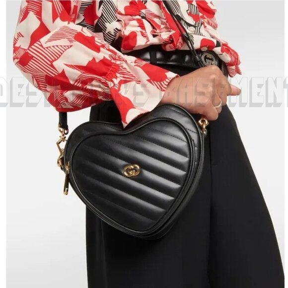 GUCCI black Mini HEART Matelasse Leather Interlocking G crossbody strap bag +🎁 - Picture 9 of 9
